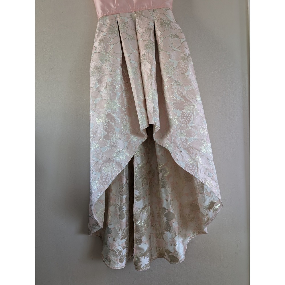 Blush Pink Gold Floral Jacquard High-Low Formal Gown Dress Womens M Wedding - Picture 9 of 16